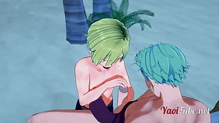 Yoke Piece Yaoi - Zoro x Sanji Handjob and Blowjob in a beach - anime Manga Gay
